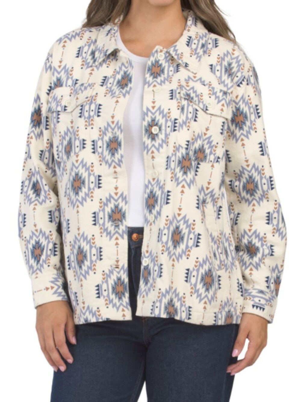 DASH Aztec Blue & Cream Printed Shacket With Chest Pockets